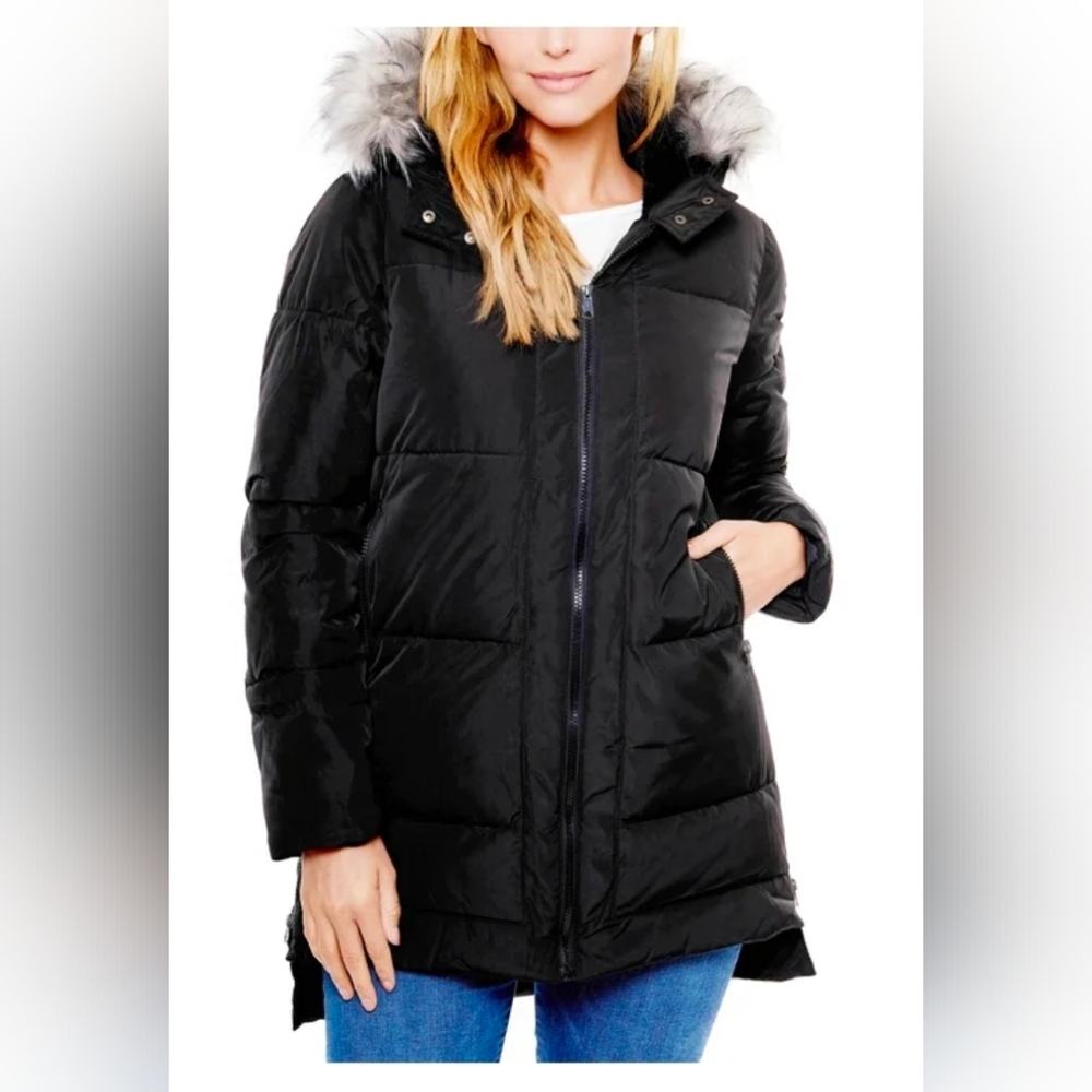 Women's Black Parka Jacket with Faux Fur Hood Warm And Cozy